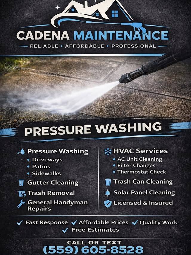 Cadena Maintenance pressure washing service flyer listing pressure washing, gutter cleaning, trash removal and handyman services