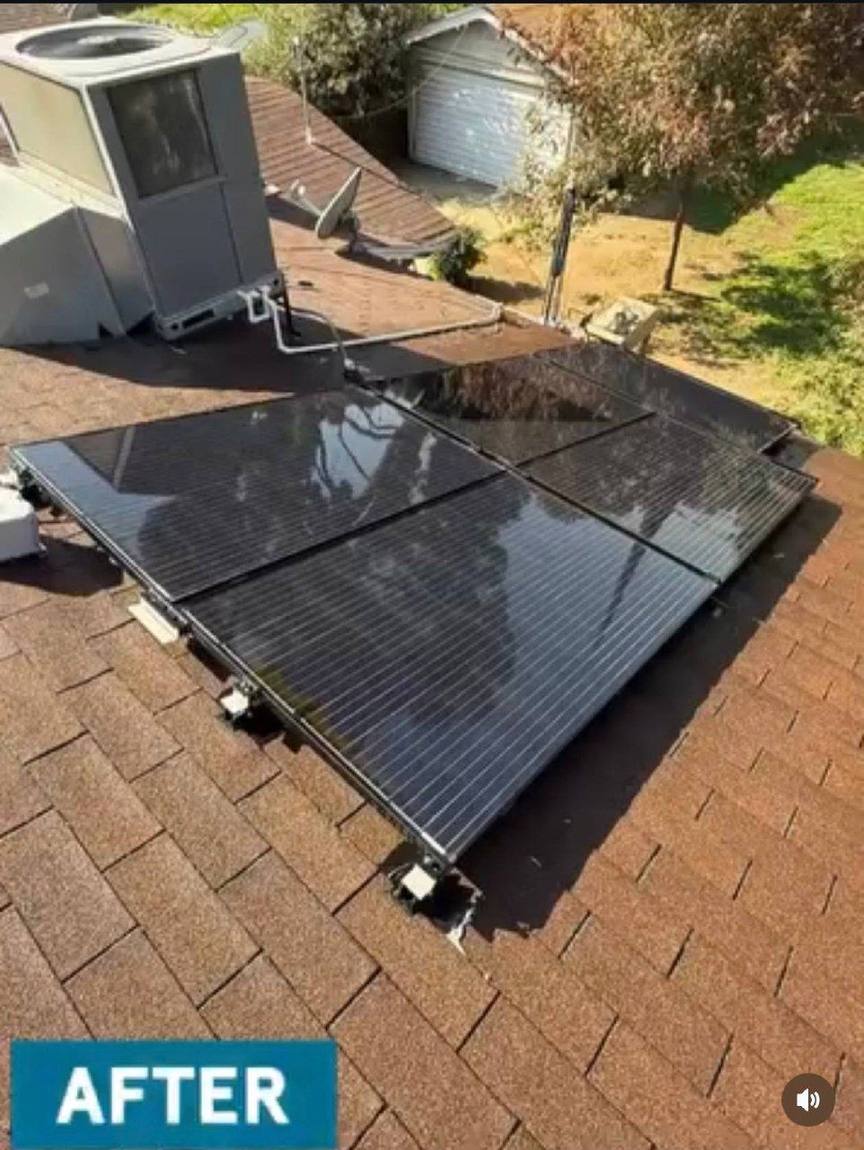 The same rooftop solar panels cleaned to a spotless, glossy finish